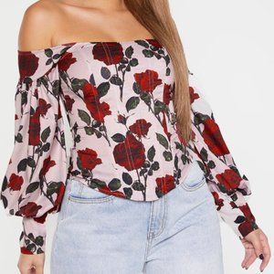 NWT Pretty Little Thing RED ROSES BARDOT BALLOON SLEEVE CORSET TOP (US 6)